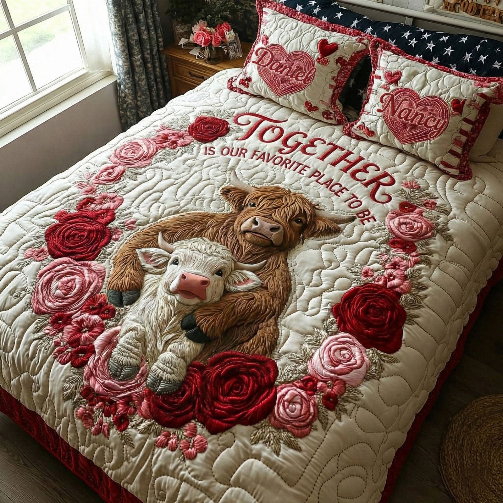 Cute Romantic Cow Couple Quilt Bed Set, Personalized Gifts For Couple 04qhti200126
