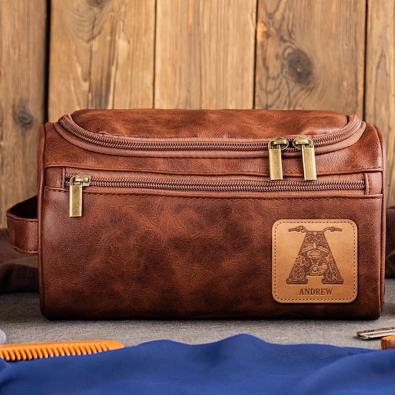 Motorcycle Initial Letter Alphabet Men Leather Toiletry Bag, Personalized Gifts For Bikers 02qhti190825