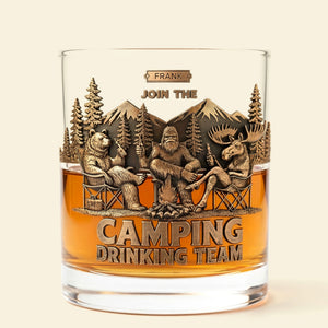 Fun Camping Drinking Team Round Glass, Personalized Gifts For Camping Lover & Bigfoot Seeker 03QHTI181225-Homacus