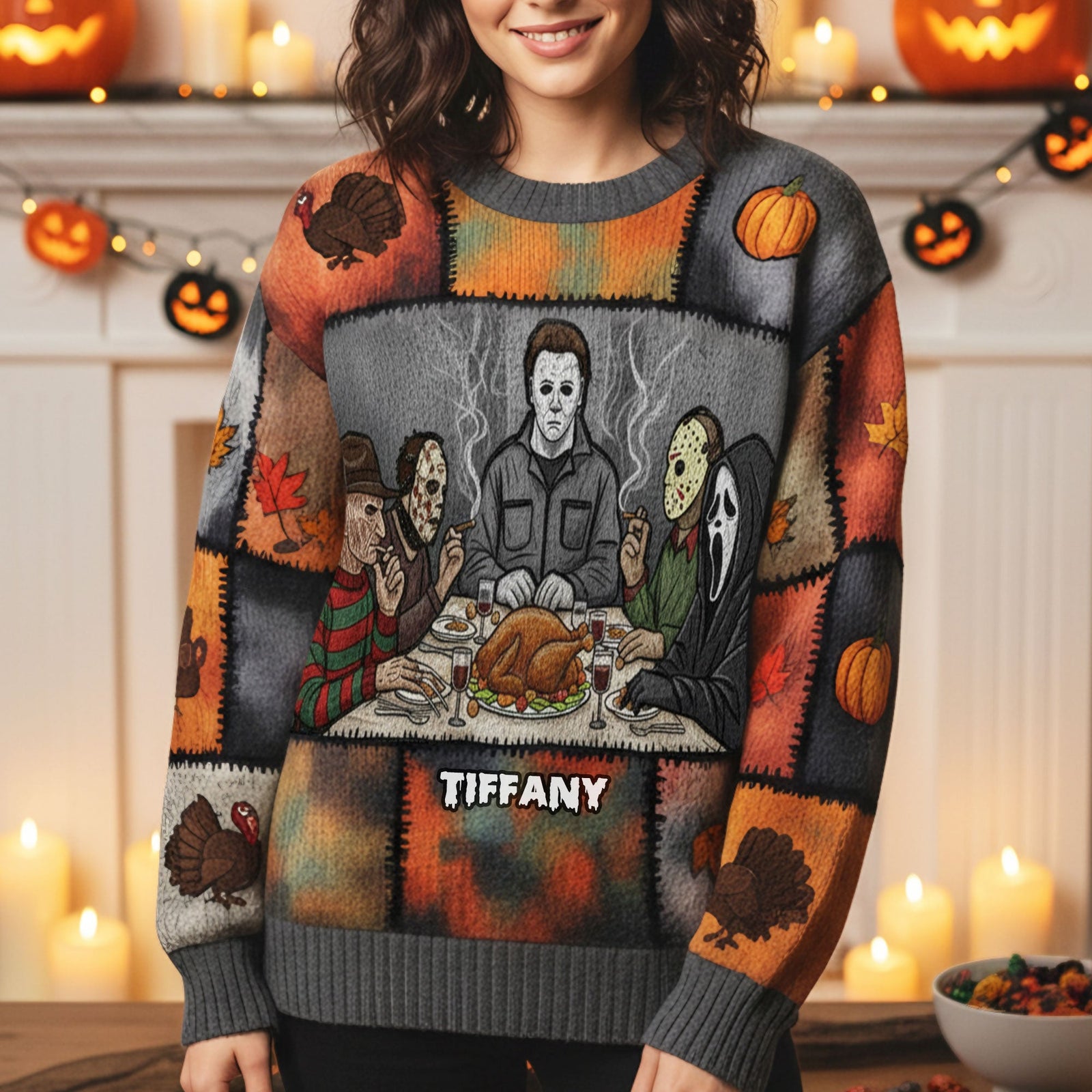 Slashers Thanksgiving Dinner Ugly Sweater, Personalized Gifts For Horror Lovers 04qhti290825