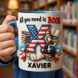 Bookworm Initial Letter Accent Mug - Personalized Gift For Book Lovers 05PATI070226