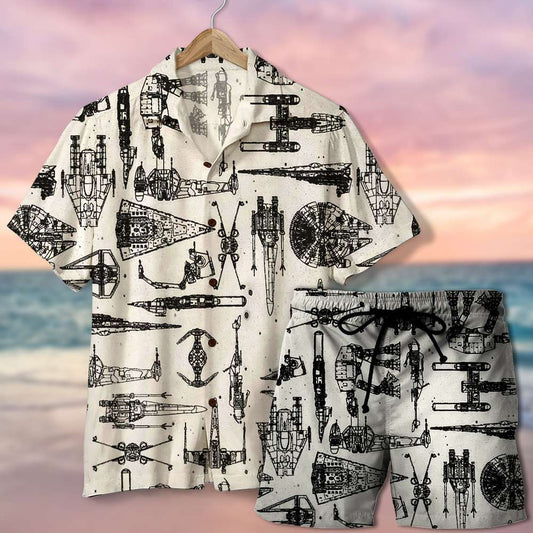 Hawaiian Shirt & Men's Beach Shorts - Spaceship Pattern - Hawaiian Shirts - GoDuckee