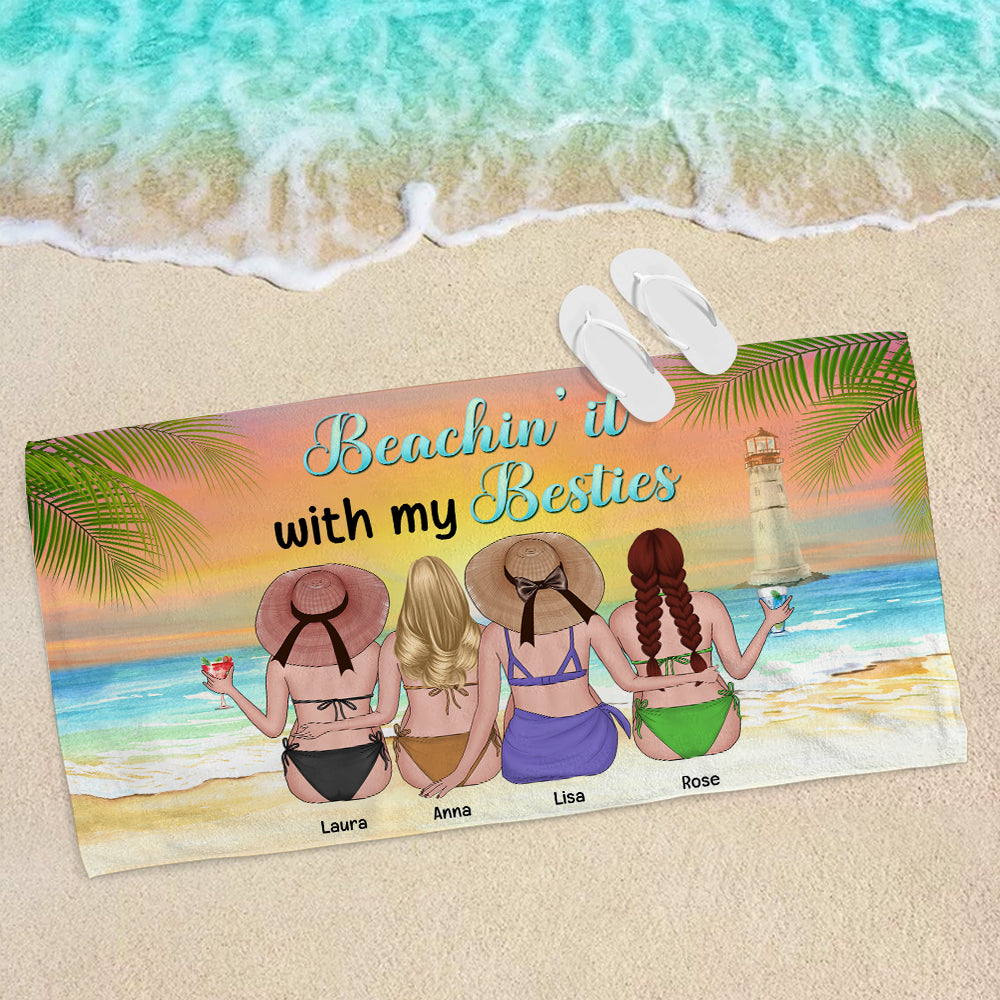 Beachin' It With My Besties - Personalized Beach Towel - Gifts For Best Friends, Sisters, Girls Trip - Beach Towel - GoDuckee