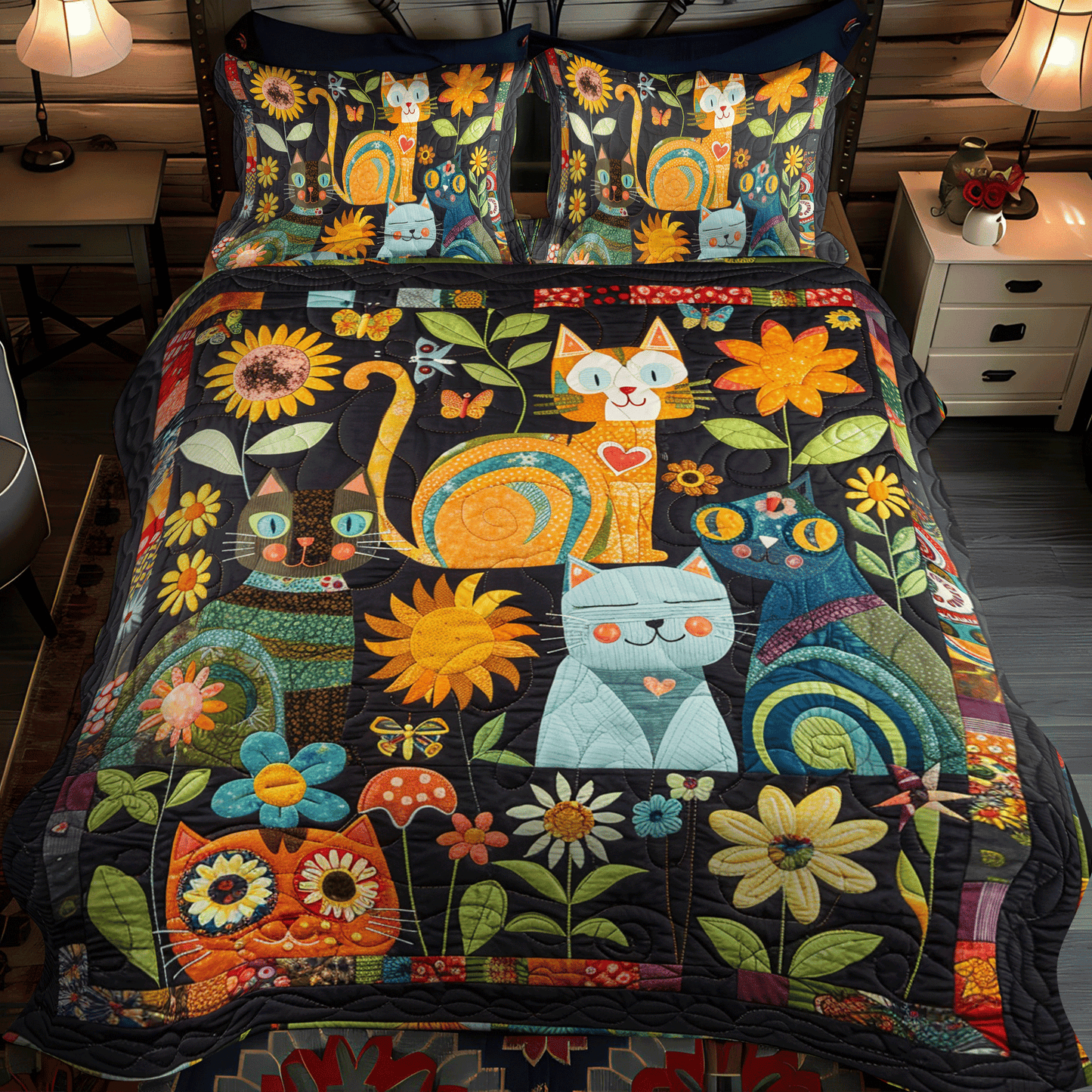 Artistic Cat-Themed 3-Piece Quilted Bedding Set NCU0PD313
