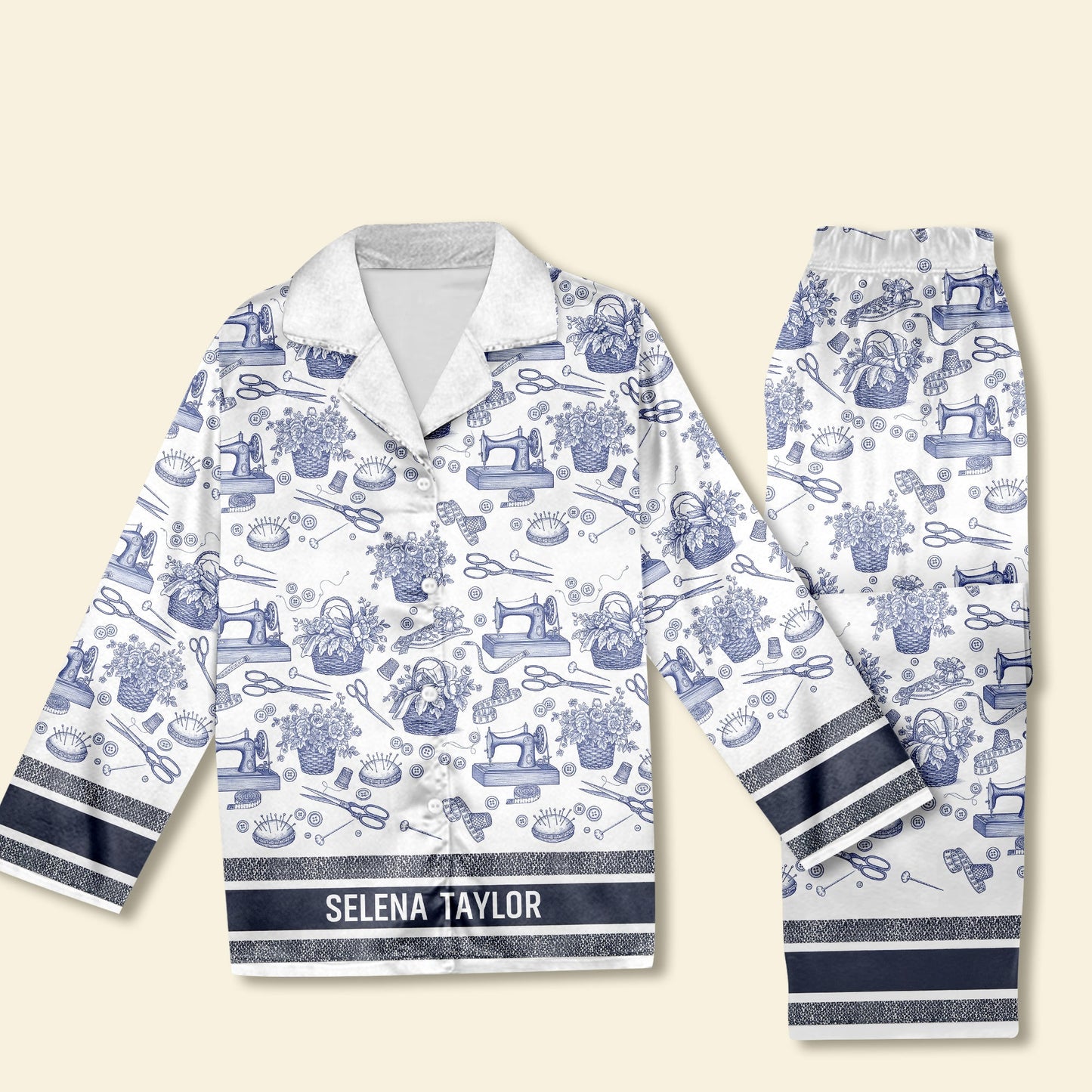 Sewing Toile de Jouy Button Up Pajama Set - Personalized Gift For Sewing Lover Christmas Pajama 06PGLU250925