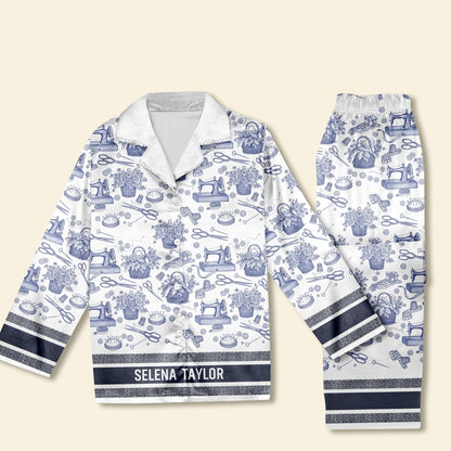 Sewing Toile de Jouy Button Up Pajama Set - Personalized Gift For Sewing Lover Christmas Pajama 06PGLU250925